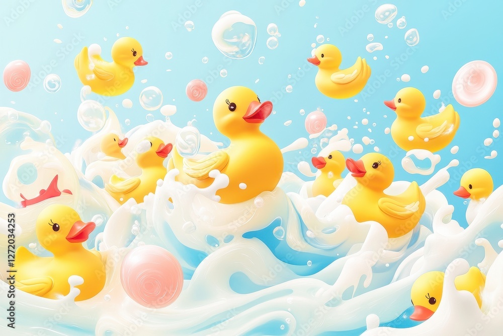 Rubber ducks float amid bubbles and creamy white swirls Rubber ducks float amid bubbles and creamy white swirls