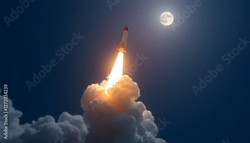 Space rocket lift off with starts a space mission in the blue sky. Spaceship with blast and smoke launch into space. Fly to the moon, minimalism. with white shades