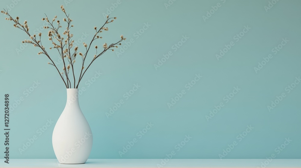 Elegant white vase with dried branches against a soft blue background, enhancing minimalistic decor Elegant white vase with dried branches against a soft blue background, enhancing minimalistic decor
