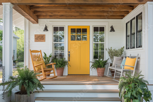 A modern farmhouse front porch, featuring a bright yellow door as the focal point, surrounded by white walls with rustic wooden beams overhead
