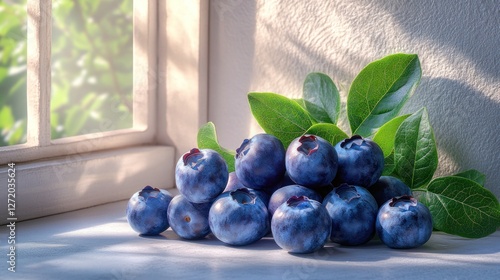 Fresh blueberries on windowsill, sunlight, garden view photo