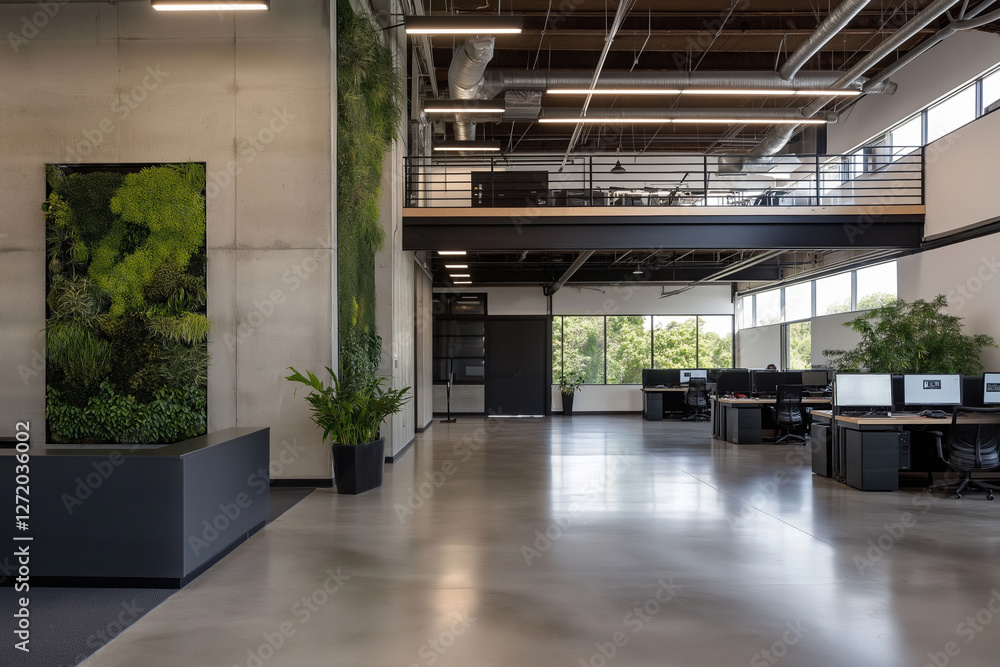 Fototapeta premium Modern office interior with greenery and open workspace in a spacious environment