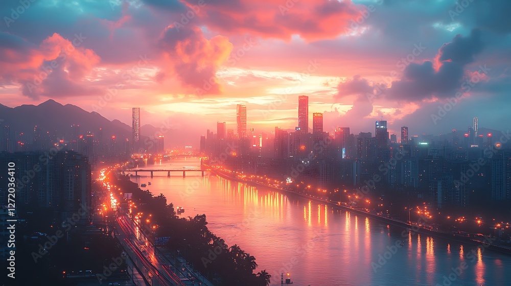 Fototapeta premium Luminous city skyline sunset mirage high resolution hd picture