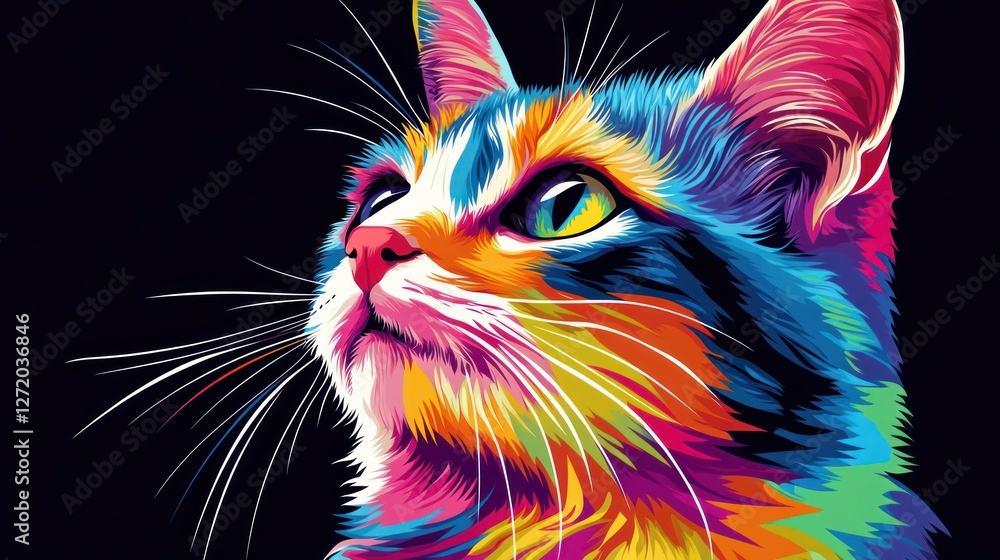 Fototapeta Colorful cat portrait, vibrant art, dark background, digital print