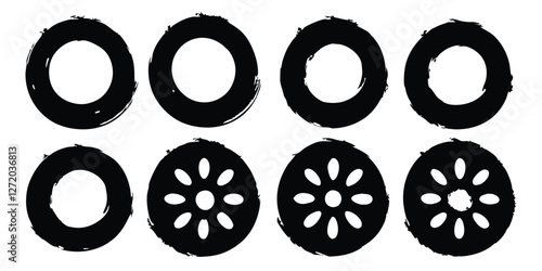 Vector black ink circles, hand-drawn textured punk shapes, artistic Chinese or Korean design elements, Japanese enso zen circles, and sun symbols.