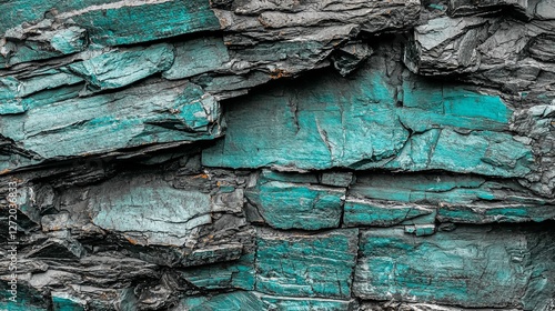 Close-up of weathered teal and gray rock layers photo