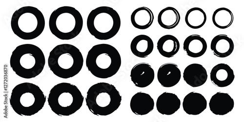 Vector black ink circles, hand-drawn textured punk shapes, artistic Chinese or Korean design elements, Japanese enso zen circles, and sun symbols.