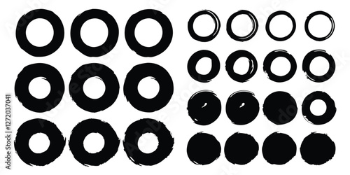 Vector black ink circles, hand-drawn textured punk shapes, artistic Chinese or Korean design elements, Japanese enso zen circles, and sun symbols.