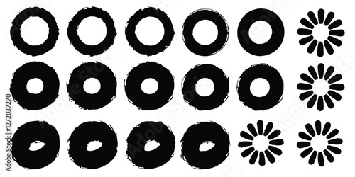 Vector black ink circles, hand-drawn textured punk shapes, artistic Chinese or Korean design elements, Japanese enso zen circles, and sun symbols.