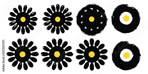 Vector black ink circles, hand-drawn textured punk shapes, artistic Chinese or Korean design elements, Japanese enso zen circles, and sun symbols.