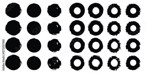 Vector black ink circles, hand-drawn textured punk shapes, artistic Chinese or Korean design elements, Japanese enso zen circles, and sun symbols.