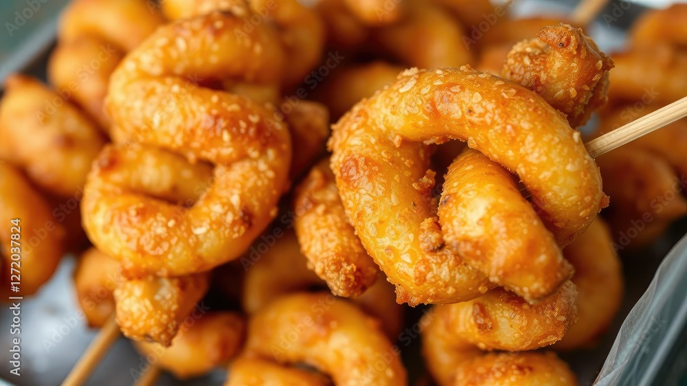 Closeup of crispy spiral fried potato on a wooden skewer, golden brown and delicious, unhealthy, indulgence Closeup of crispy spiral fried potato on a wooden skewer, golden brown and delicious, unhealthy, indulgence