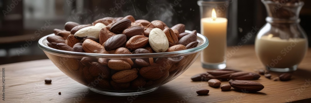 Cocoa pods and cocoa beans arranged in a decorative glass bowl, filled with steaming hot milk, placed on a wooden table , cocoa pods, kitchen decor, glass bowl Cocoa pods and cocoa beans arranged in a decorative glass bowl, filled with steaming hot milk, placed on a wooden table , cocoa pods, kitchen decor, glass bowl