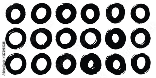 Vector black ink circles, hand-drawn textured punk shapes, artistic Chinese or Korean design elements, Japanese enso zen circles, and sun symbols.