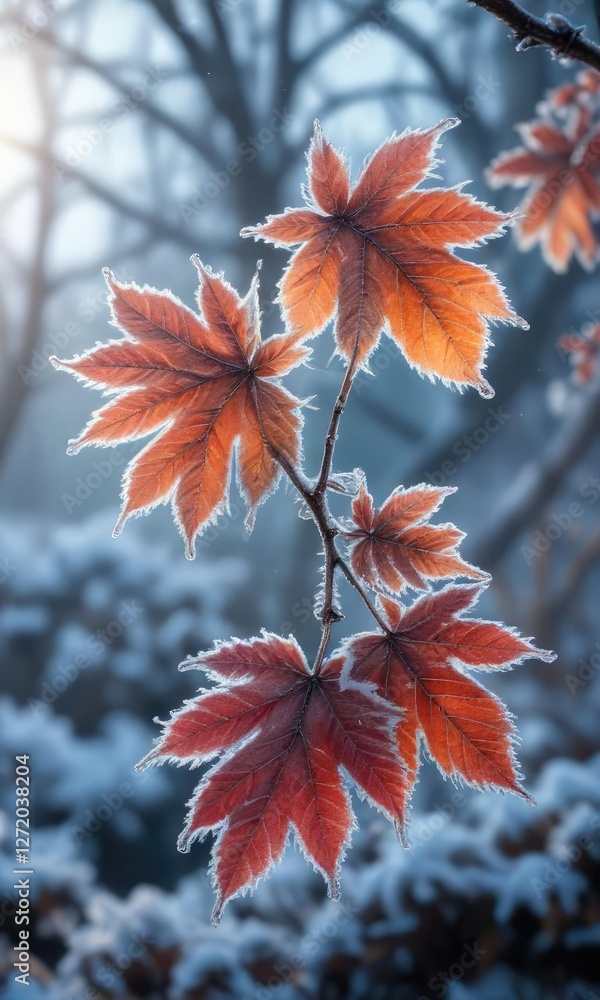 Cold morning branch with frost-covered leaves and ice, tree, frost, cold Cold morning branch with frost-covered leaves and ice, tree, frost, cold