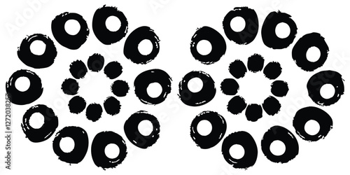 Vector black ink circles, hand-drawn textured punk shapes, artistic Chinese or Korean design elements, Japanese enso zen circles, and sun symbols.