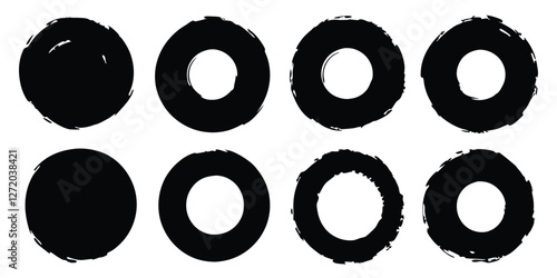 Vector black ink circles, hand-drawn textured punk shapes, artistic Chinese or Korean design elements, Japanese enso zen circles, and sun symbols.