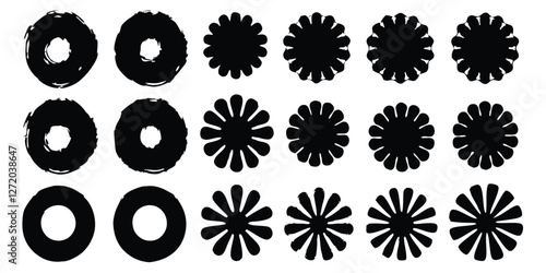 Vector black ink circles, hand-drawn textured punk shapes, artistic Chinese or Korean design elements, Japanese enso zen circles, and sun symbols.