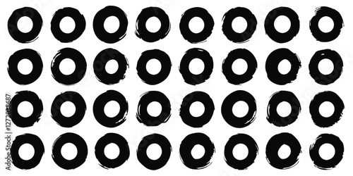 Vector black ink circles, hand-drawn textured punk shapes, artistic Chinese or Korean design elements, Japanese enso zen circles, and sun symbols.