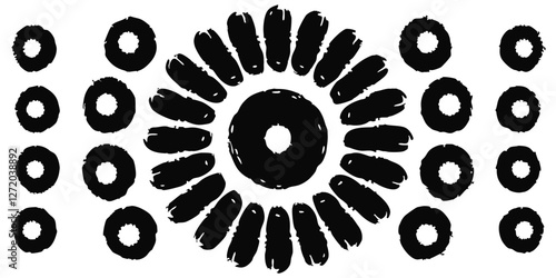 Vector black ink circles, hand-drawn textured punk shapes, artistic Chinese or Korean design elements, Japanese enso zen circles, and sun symbols.