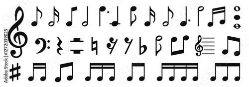 Music notes icons set. Musical notation symbols. Black notes symbol on white background - stock vector.