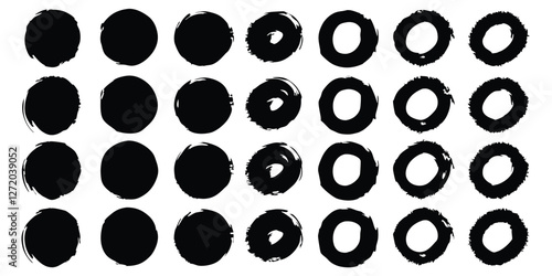 Vector black ink circles, hand-drawn textured punk shapes, artistic Chinese or Korean design elements, Japanese enso zen circles, and sun symbols.