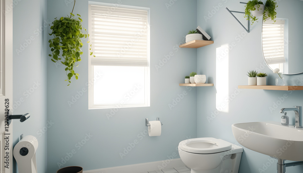 Fototapeta premium Toilet bowl, paper holder, houseplant and shelving units in restroom, Dreamy. with white shades