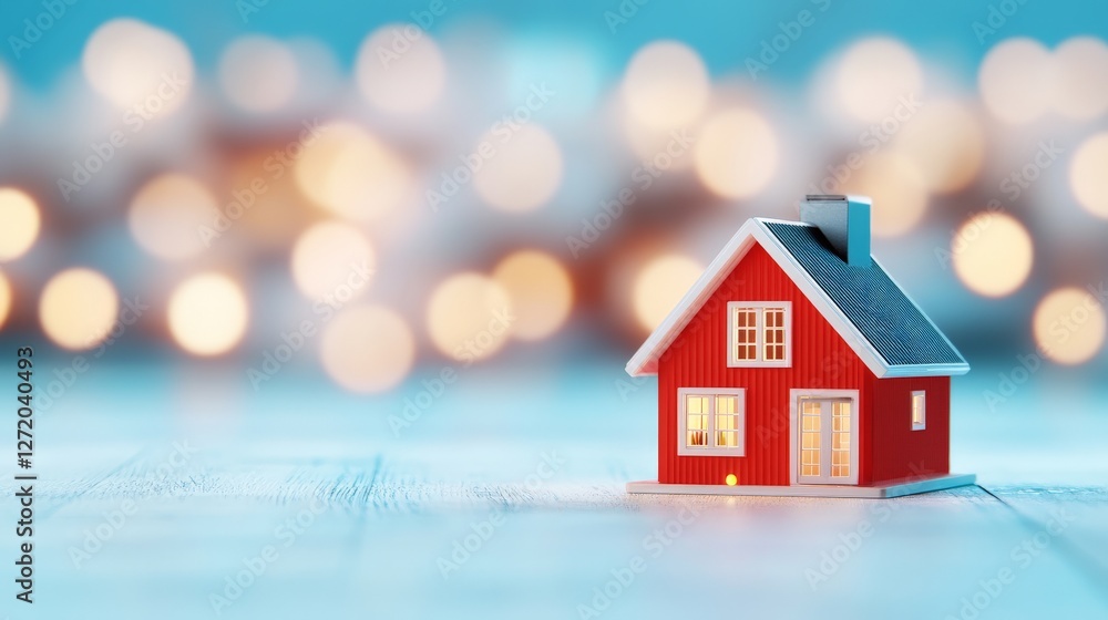 Small red wooden house model on reflective surface with blurred bokeh lights in background symbolizing homeownership security real estate investment and financial stability Small red wooden house model on reflective surface with blurred bokeh lights in background symbolizing homeownership security real estate investment and financial stability