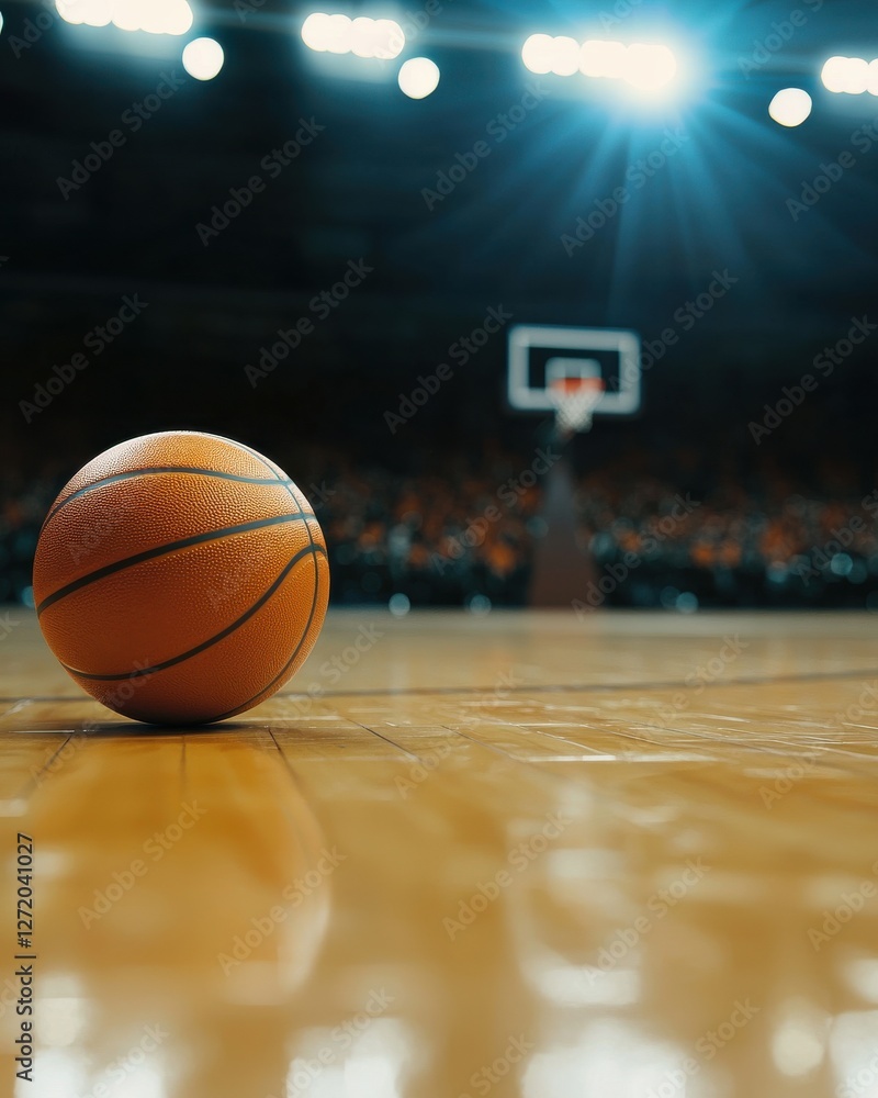 Close-Up of Basketball on Court with Bright Arena Lights in Background and Hoop in Focus Close-Up of Basketball on Court with Bright Arena Lights in Background and Hoop in Focus
