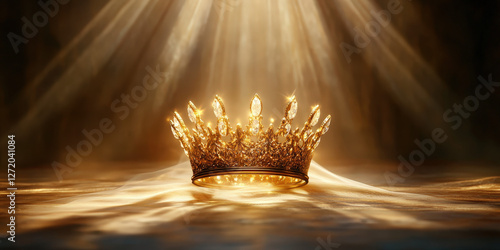 A brilliant golden crown emits warm light within an elegant vault. Ambient beams enhance the metallic shine, with treasure chests faintly visible in the background