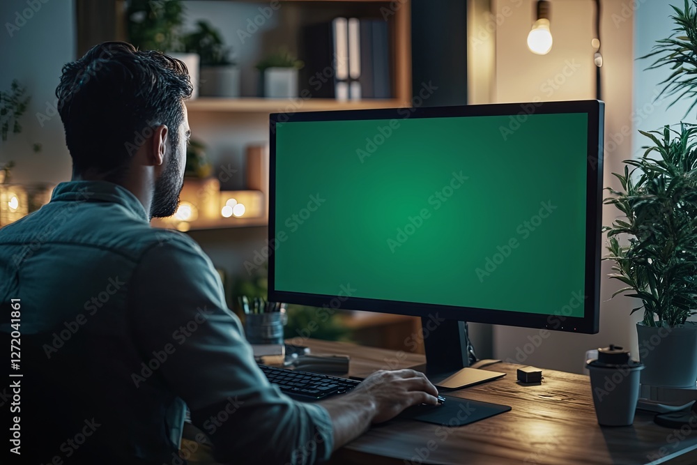 Young caucasian male working on computer with blank screen in home office at night Young caucasian male working on computer with blank screen in home office at night
