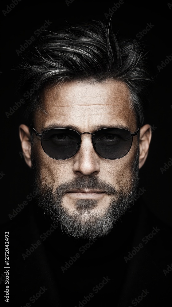 Obraz premium Man with beard and sunglasses poses against a dark background capturing a bold and thoughtful expression