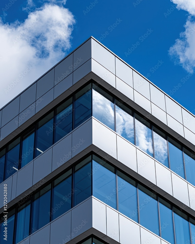 Obraz premium Modern Architectural Design Featuring Reflected Clouds in Glass Windows Against a Blue Sky