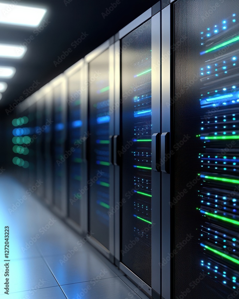 Modern Data Center Interior with Server Racks and Illuminated Network Equipment in a High-Tech Environment Modern Data Center Interior with Server Racks and Illuminated Network Equipment in a High-Tech Environment