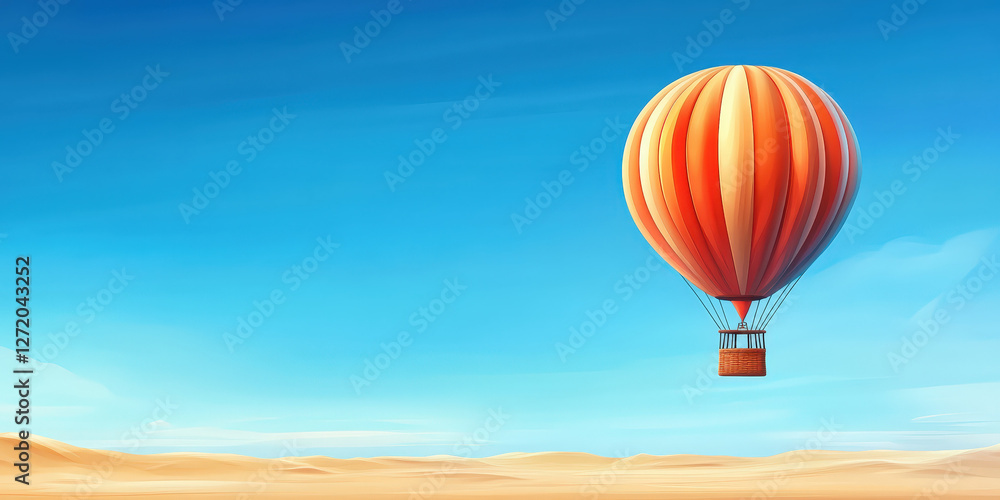 Fototapeta premium A colorful hot air balloon drifts peacefully in a clear blue sky, surrounded by vast desert sands. This uplifting illustration captures the essence of travel and happiness beautifully