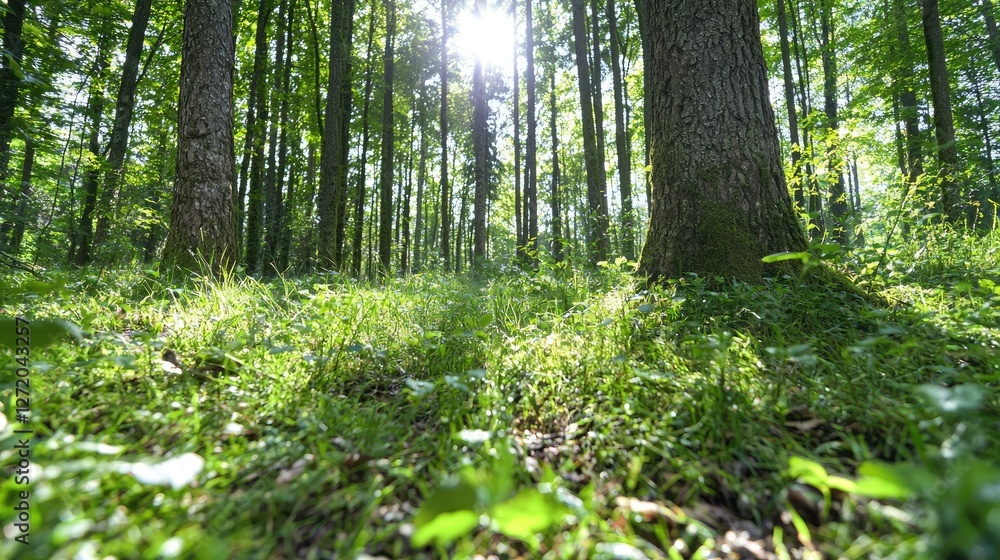 Obraz premium Tall green trees stand in a lush summer forest as bright sunlight filters down to the mossy ground.