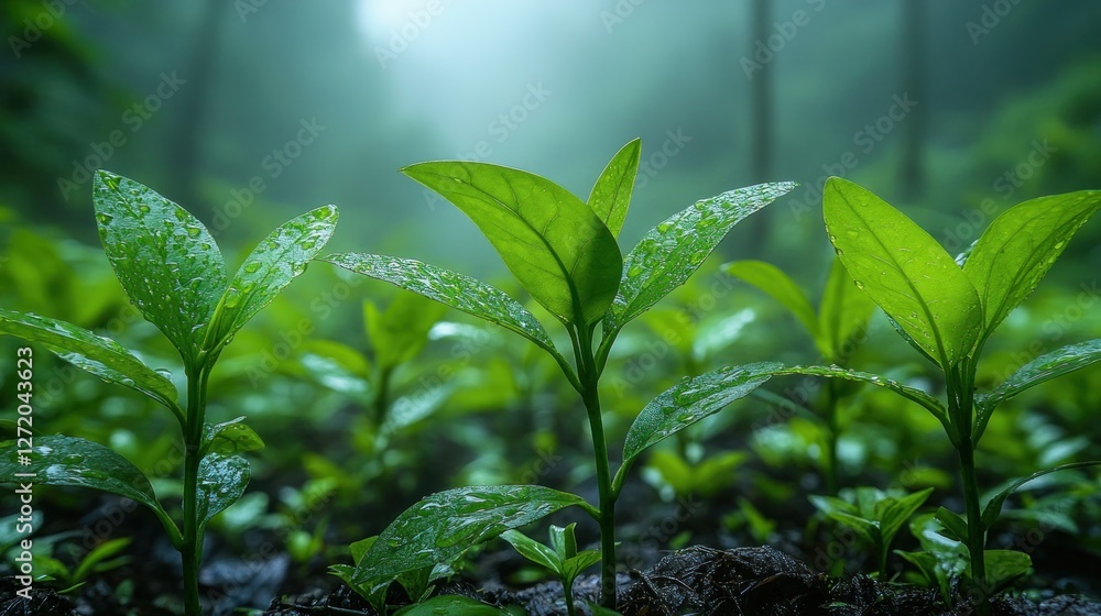 Obraz premium Fresh sprouts in misty forest