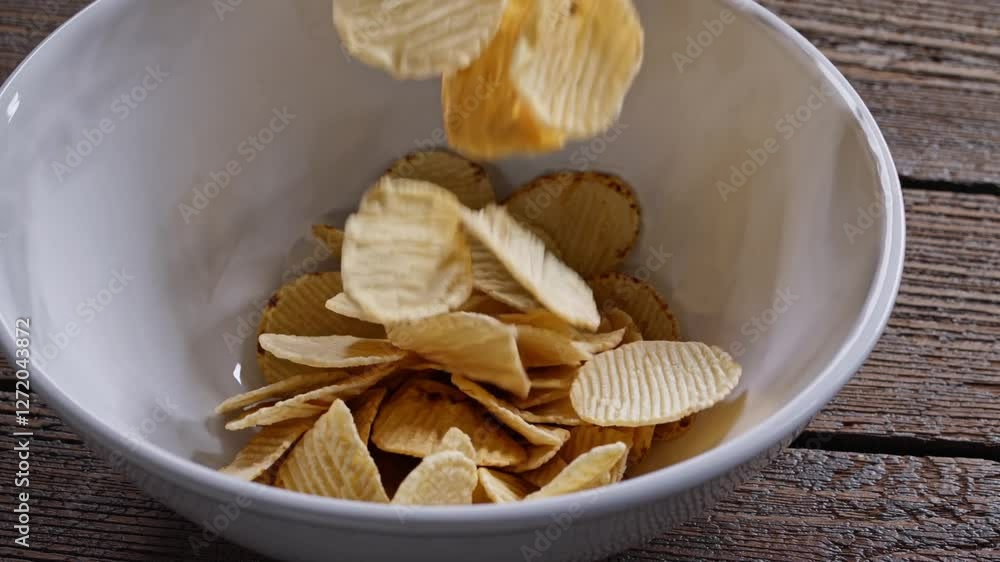 Slow Motion of Chunks of Potato Crisps in a Bowl – Golden, Crispy Chips Falling Gently with a Crunchy Texture and Warm Lighting. Perfect for Food, Snacks, Indulgence, Culinary Footage, and Commercial Slow Motion of Chunks of Potato Crisps in a Bowl – Golden, Crispy Chips Falling Gently with a Crunchy Texture and Warm Lighting. Perfect for Food, Snacks, Indulgence, Culinary Footage, and Commercial