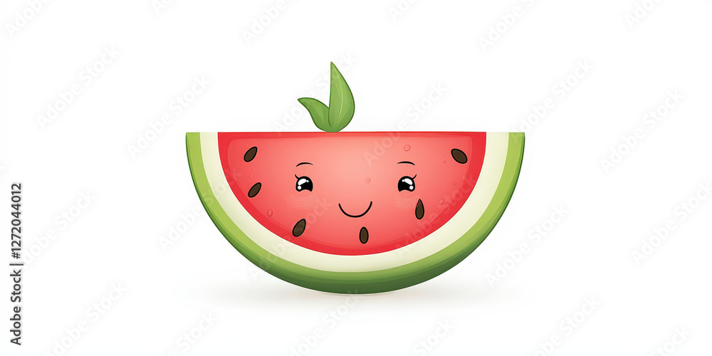 Brightly colored illustration features a smiling watermelon slice radiating happiness. This kawaii design brings a sense of summer joy with vivid reds and greens, perfect for fun themes Brightly colored illustration features a smiling watermelon slice radiating happiness. This kawaii design brings a sense of summer joy with vivid reds and greens, perfect for fun themes