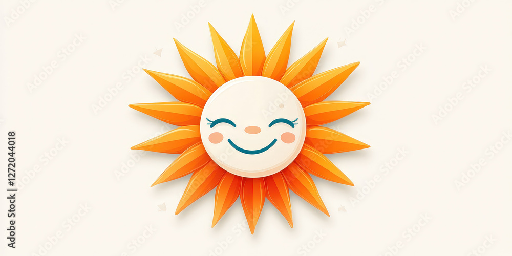A joyful sun with a smiling face and vibrant rays radiates happiness, showcasing a flat design with bright colors and simple shapes, perfect for any cheerful context