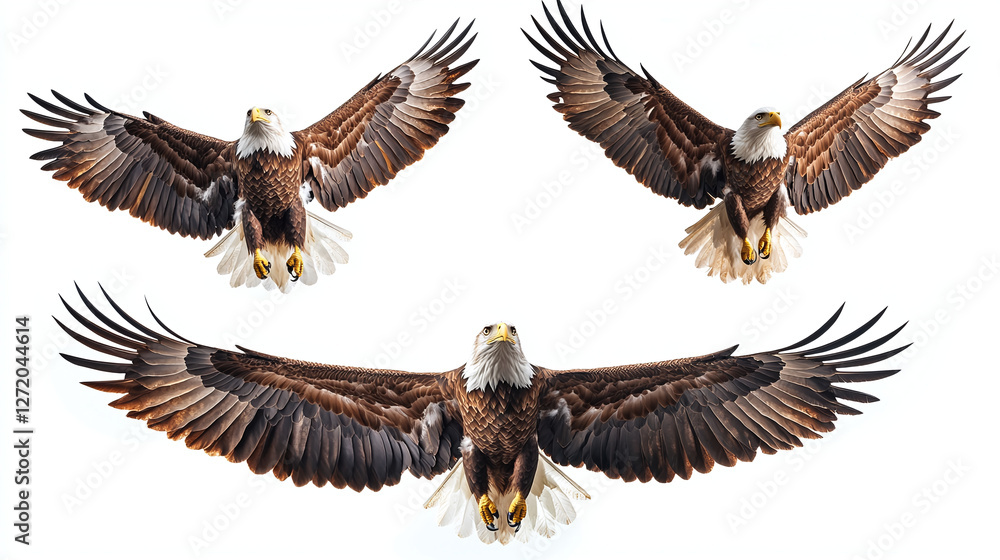 Set of bald eagles flying, isolated on white background Set of bald eagles flying, isolated on white background