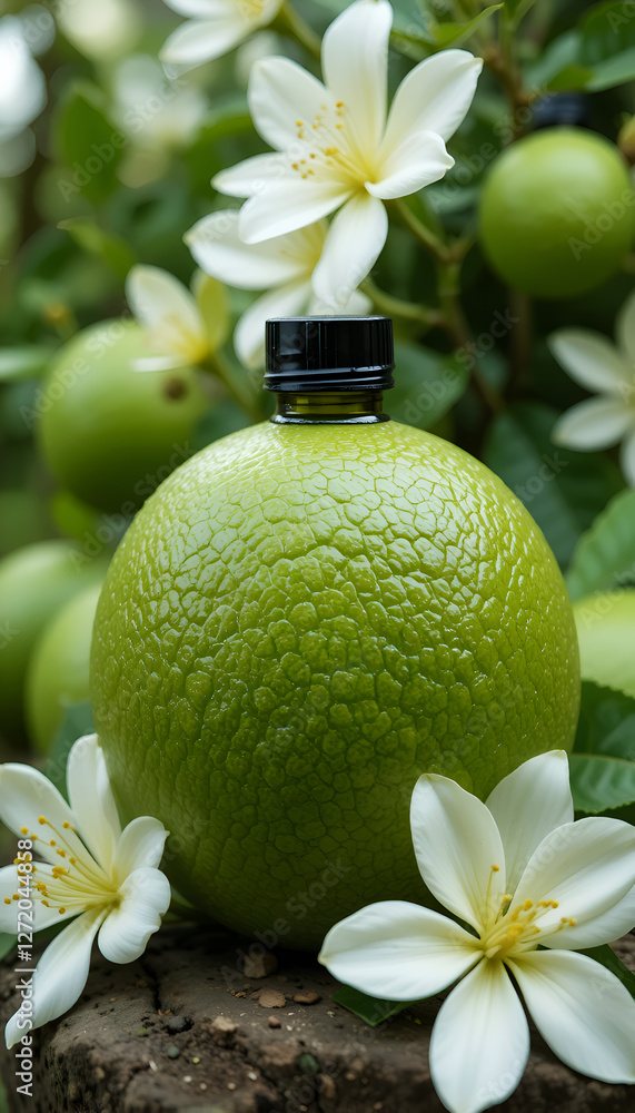 lime tincture in bottle with flowers against garden with ripe lime . Ai generated