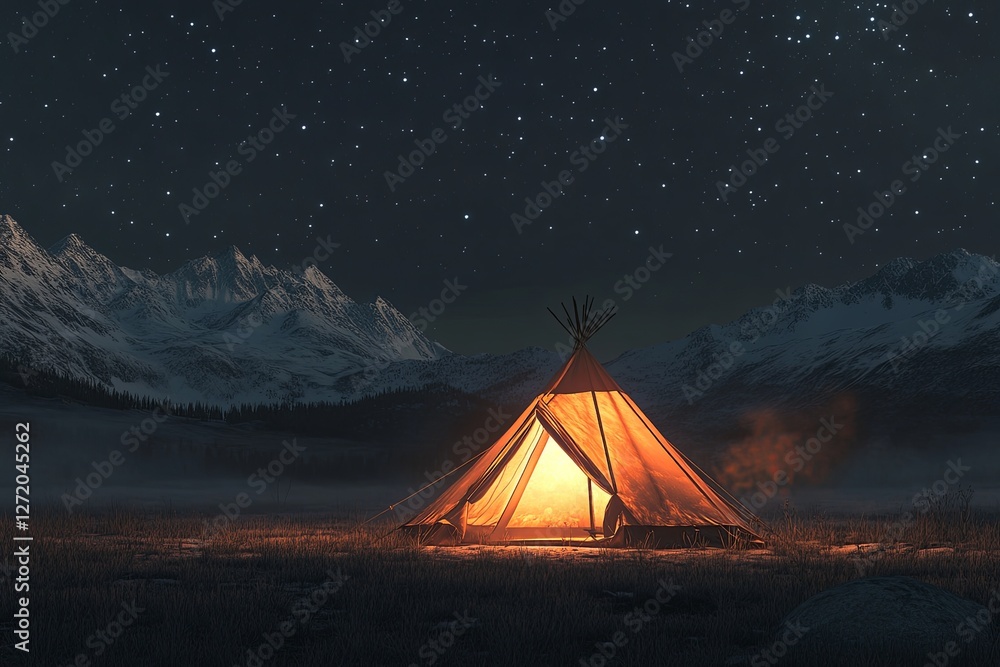 Glowing tent under starry sky in snowy mountain landscape Glowing tent under starry sky in snowy mountain landscape