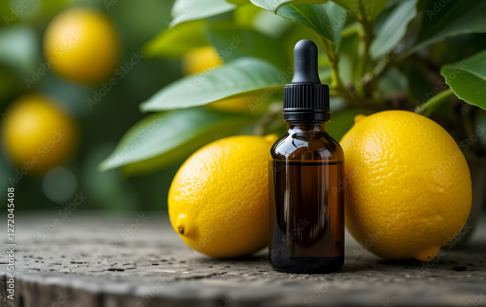 lemon essential oil in bottle with flowers against garden with ripe lime . Ai generated