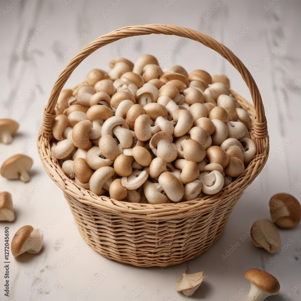 Fresh champignon mushrooms arranged in a woven wicker basket on a white background, champignon, wild Fresh champignon mushrooms arranged in a woven wicker basket on a white background, champignon, wild