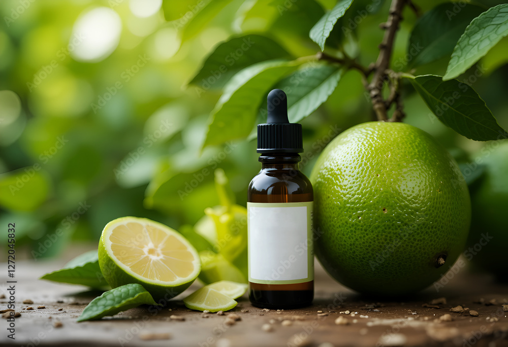 lime essential oil in bottle with flowers against garden with ripe lime . Ai generated