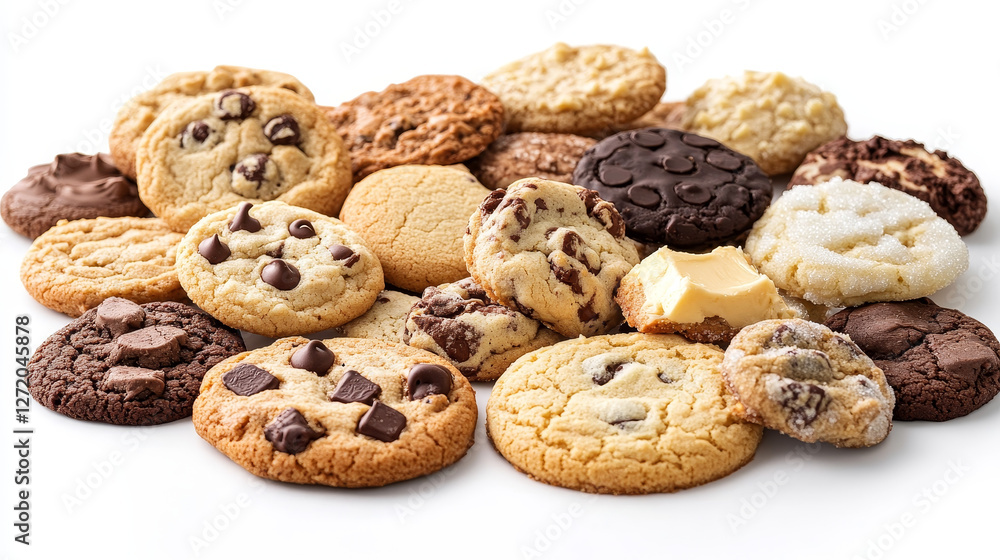 A collection of assorted cookies, including chocolate chip, sugar, and butter varieties, all isolated on a white background A collection of assorted cookies, including chocolate chip, sugar, and butter varieties, all isolated on a white background