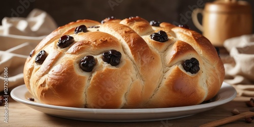 freshly baked loaf of soft bread with plump raisins on a ceramic plate , clean, sleek, raisins