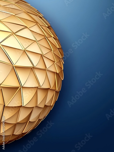 Edge of a golden sphere with geometric facets on a deep blue background