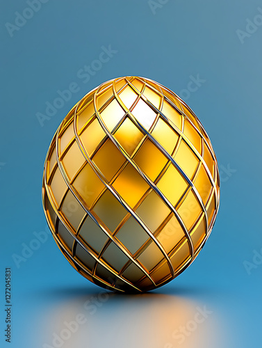 Luxury golden egg-shaped object with intricate mesh design on blue background